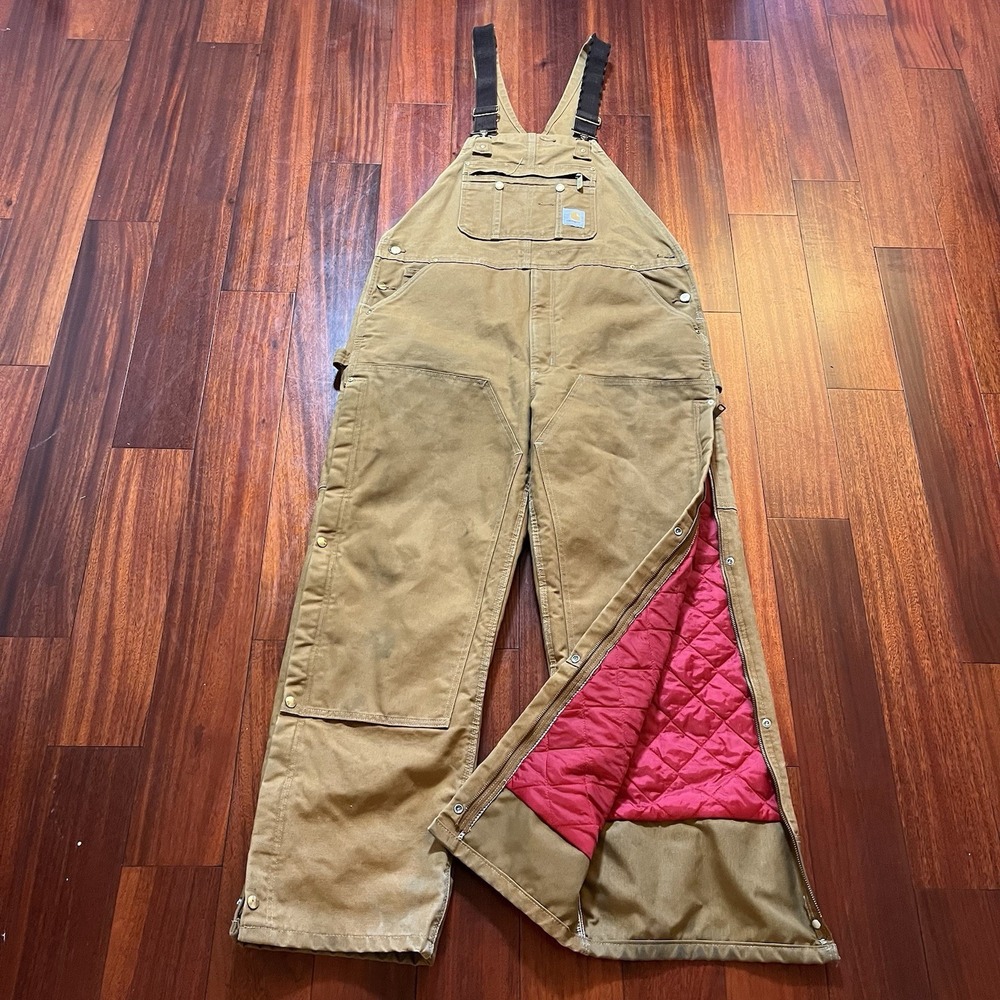 Carhartt Canvas Bib Overalls Mens 46x30 Brown Carpenter Quilt Lined Zip Leg *